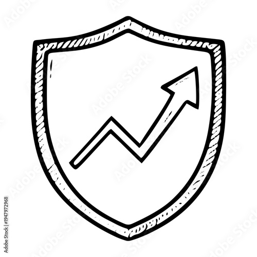Hand-drawn financial reporting illustration showing upward trend and shield for security and growth