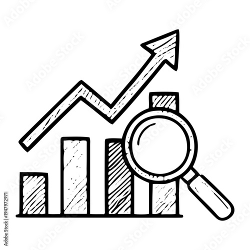 Hand-drawn bar graph with magnifying glass, representing financial reporting and business growth analysis