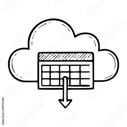 Hand-drawn illustration of a cloud with a calendar grid and download arrow, representing financial reporting and data management