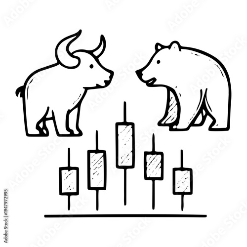 Financial Reporting Concept Hand-drawn illustration depicting bull and bear market symbols above a candlestick chart