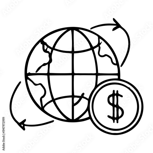 Hand-drawn illustration of a globe with a coin featuring a dollar sign, symbolizing financial reporting and global currency exchange