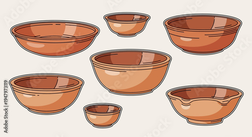 Set of seven different sized empty brown ceramic bowls isolated on white background.