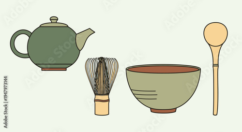 Traditional Japanese tea ceremony tools including teapot, whisk, bowl, and wooden spoon.