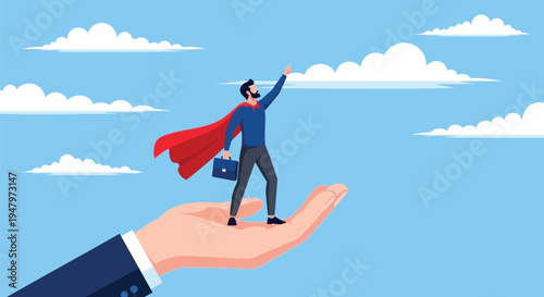 Businessman with red cape standing on large hand reaching for clouds in blue sky concept of support mentor business growth and success