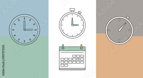 Collection of simple flat design icons showing time and calendar concepts.