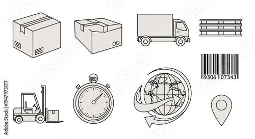 Set of black and white logistics and shipping icons including box, truck, globe, stopwatch, and location marker.