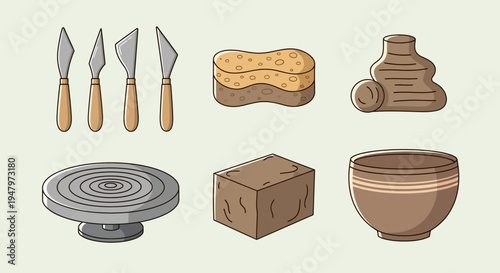 Set of pottery tools and materials including carving knives, sponge, wood block, pottery wheel, clay cube, and ceramic bowl.