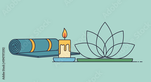 Relaxing spa setup with yoga mat candle and lotus flower illustration.