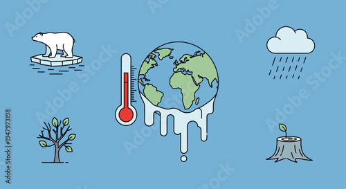 Conceptual illustration of global warming with melting earth and environmental impact icons.