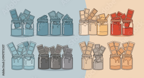 Set of various colored cigarette packs in open boxes with cigarettes inside.