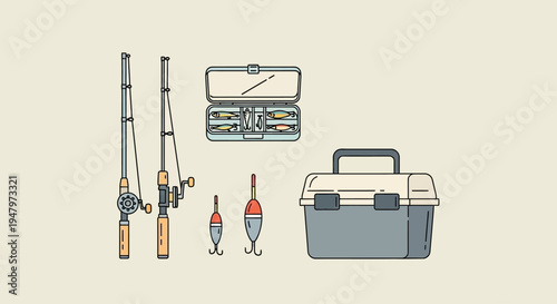 Fishing rods and tackle box with fishing accessories set.