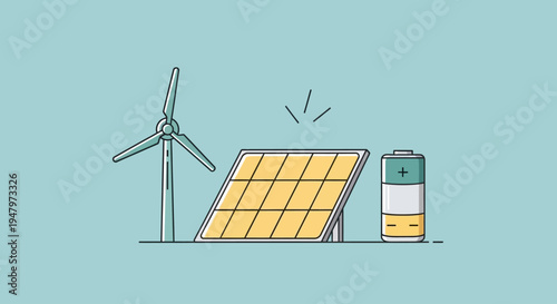 Renewable energy sources including wind turbine solar panel and battery storage.
