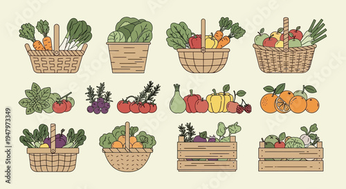 Collection of various fresh vegetables and fruits in baskets and wooden crates.