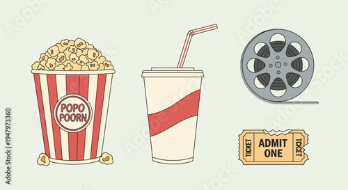 Classic movie night essentials including popcorn, soda, film reel, and admission tickets.