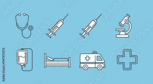 Set of medical and healthcare related icons including stethoscope, syringe, microscope, IV bag, hospital bed, ambulance, and medical cross symbols.