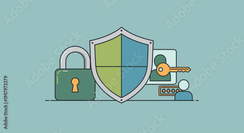 Illustration of cybersecurity concepts with shield, padlock, and key symbols.