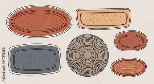 Set of various hand-drawn rustic ceramic plates and bowls in earthy tones.