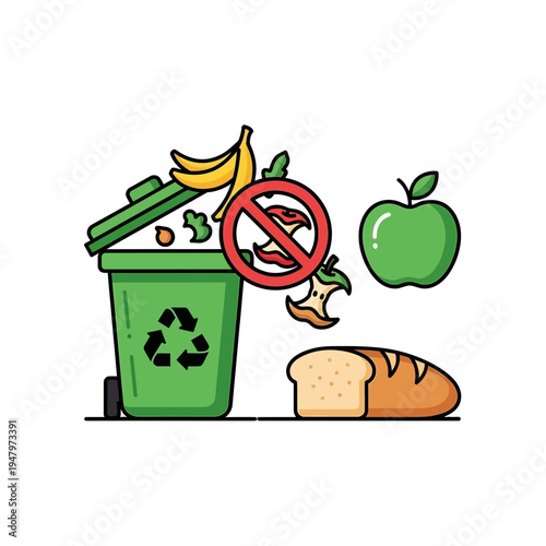 Illustration of food waste being discarded, with a focus on recycling and composting.