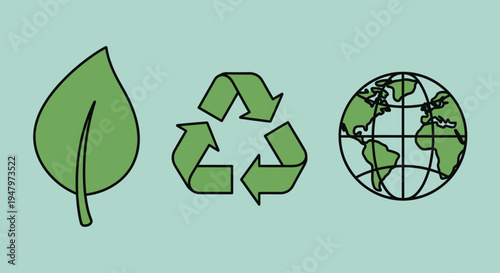 Illustration of environmental symbols including a leaf, recycling arrows, and the Earth globe.