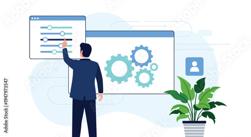 Man adjusting settings on digital interface with gears and profile icon on background business concept