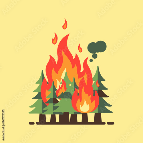 Illustration of a forest fire with burning trees and smoke.