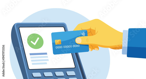 Hand holding credit card near payment terminal contactless transaction for purchase confirmation