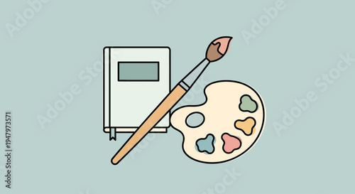 Illustration of a paintbrush and artist palette with a sketchbook on a light background.