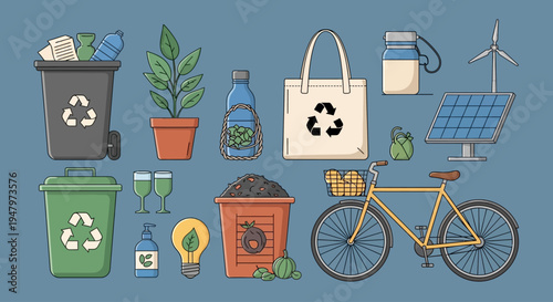 Illustration of eco-friendly lifestyle with recycling and sustainable living icons.