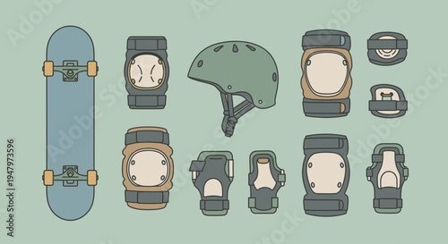 Set of protective gear and skateboard for safe skateboarding activities.