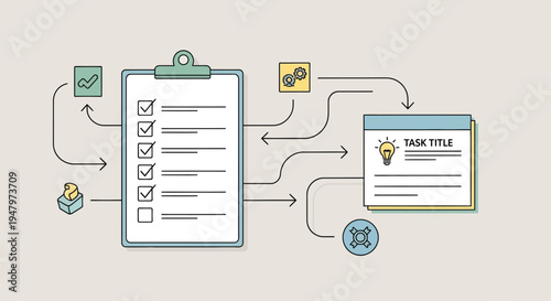 Conceptual illustration of task management and productivity workflow with checklist and task details.