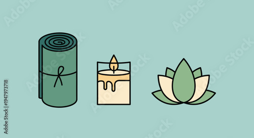 Set of spa and relaxation icons including candle and lotus flower.