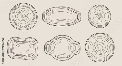 Set of hand drawn wooden cutting boards and tree trunk slices with natural texture.