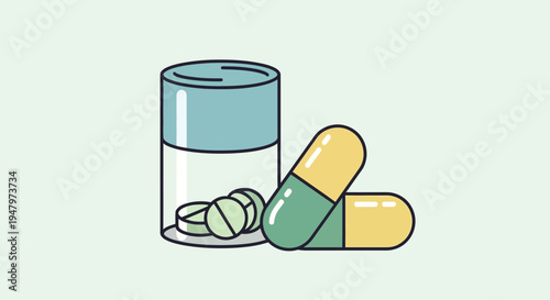 Illustration of a glass of water with green and yellow capsules and tablets.
