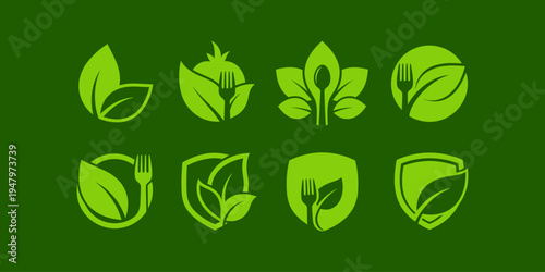 A collection of green leaf nature food logos isolated on a green background