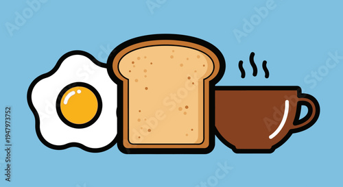 Illustration of a breakfast meal with fried egg toast and hot coffee cup.