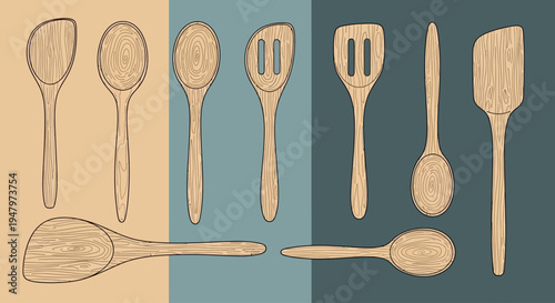 Set of wooden kitchen utensils including spoons and spatulas on a blue background.