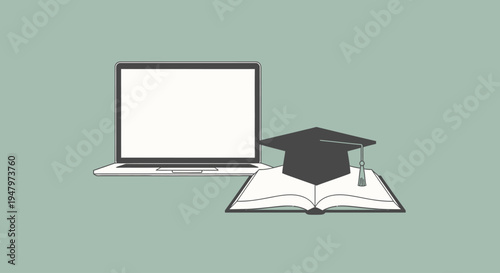 Open laptop with blank screen next to graduation cap and open book on green background.