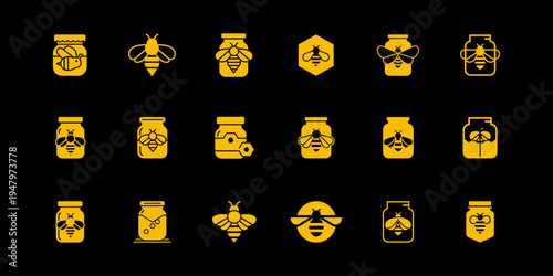 Minimal bee icon collection in bold yellow tone, clean flat vector design for natural and eco branding.