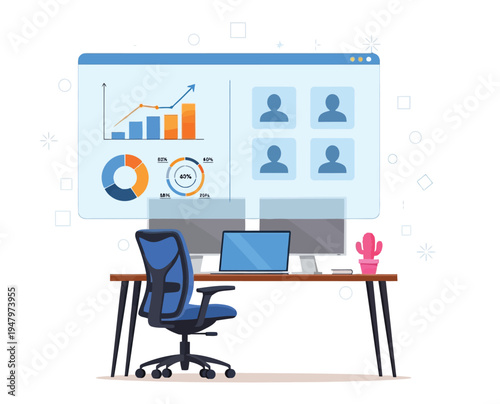 Remote work station with laptop computer and office chair featuring virtual meeting interface with data charts and team profile icons on large monitor