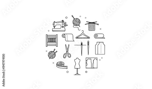 Fashion and textile manufacturing line icon set with sewing knitting and garment tools vector