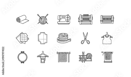 Textile industry line icon set fabric yarn sewing loom tailoring and fashion production outline vector