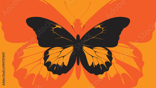 Vibrant butterfly with colorful shapes on orange background abstract design