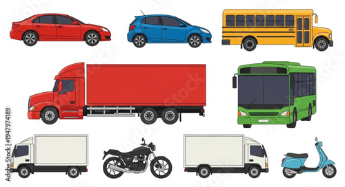 Collection of Various Vehicles - Cars, Trucks, Buses, and Motorcycles.