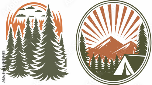 Outdoor adventure badge with pine forest and rising sun
