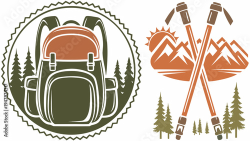 Hiking adventure logo with backpack trekking poles and mountain landscape