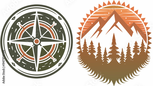 Outdoor adventure emblems with compass and mountain landscape