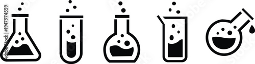 Lab flask icon set. Chemical test tube collection. Сhemistry and biology symbol. Experiment flasks, laboratory glassware, or beaker equipment icons. Health medical lab logo - stock vector See Less . i