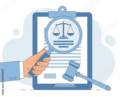 Legal document review with magnifying glass and gavel, concept for law justice system, court trial and legal services with scales of justice symbol