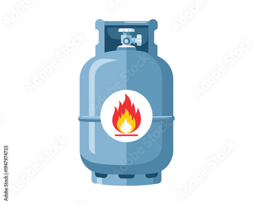 Propane gas cylinder with flame symbol, concept for fuel energy, cooking supply, portable power, environmental safety and industrial resource for heating