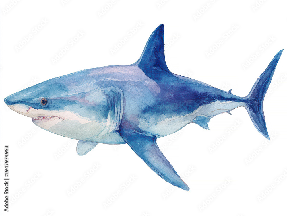 Fototapeta premium Light blue and darker blue shark swimming against a neutral background in watercolor illustration Soft glow from above, closed mouth, left side profile view Realistic style with empha - AI-Generated